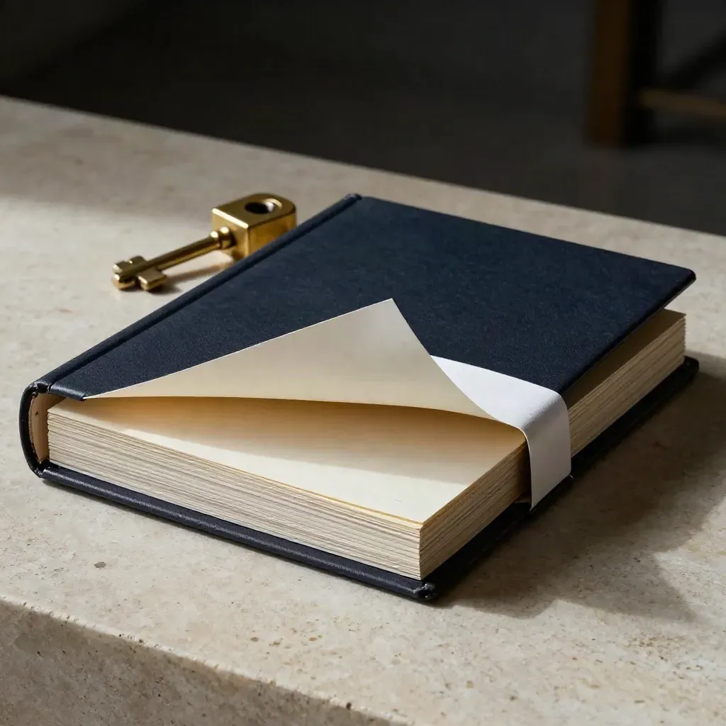 Dark navy folio with blank cards and brass paperweight on pale stone, low dramatic light.