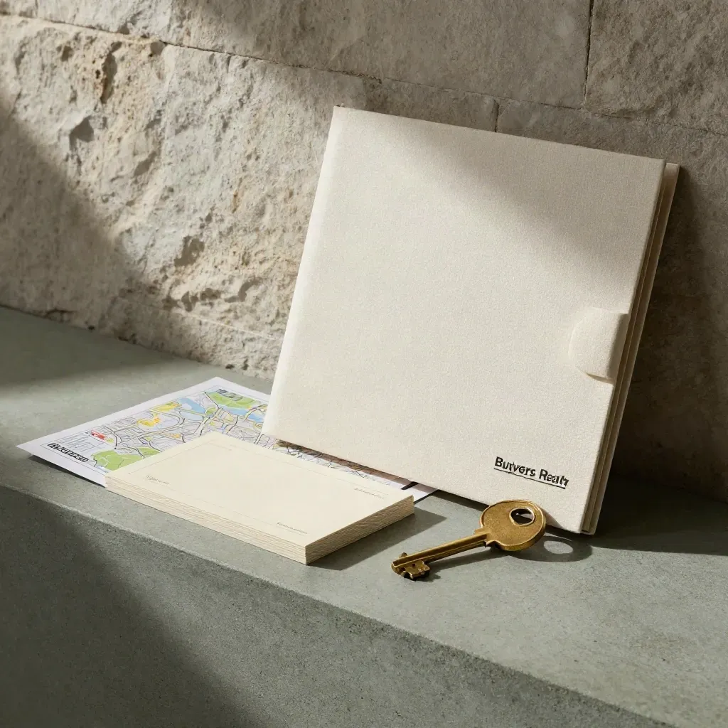 Brass key and linen buyer folio with map sheet on sage stone in soft morning light.