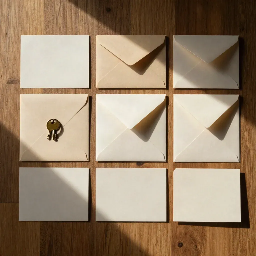 Top-down flatlay of a first-time buyer plan kit with cream tabs, envelopes and brass key ring on oak.