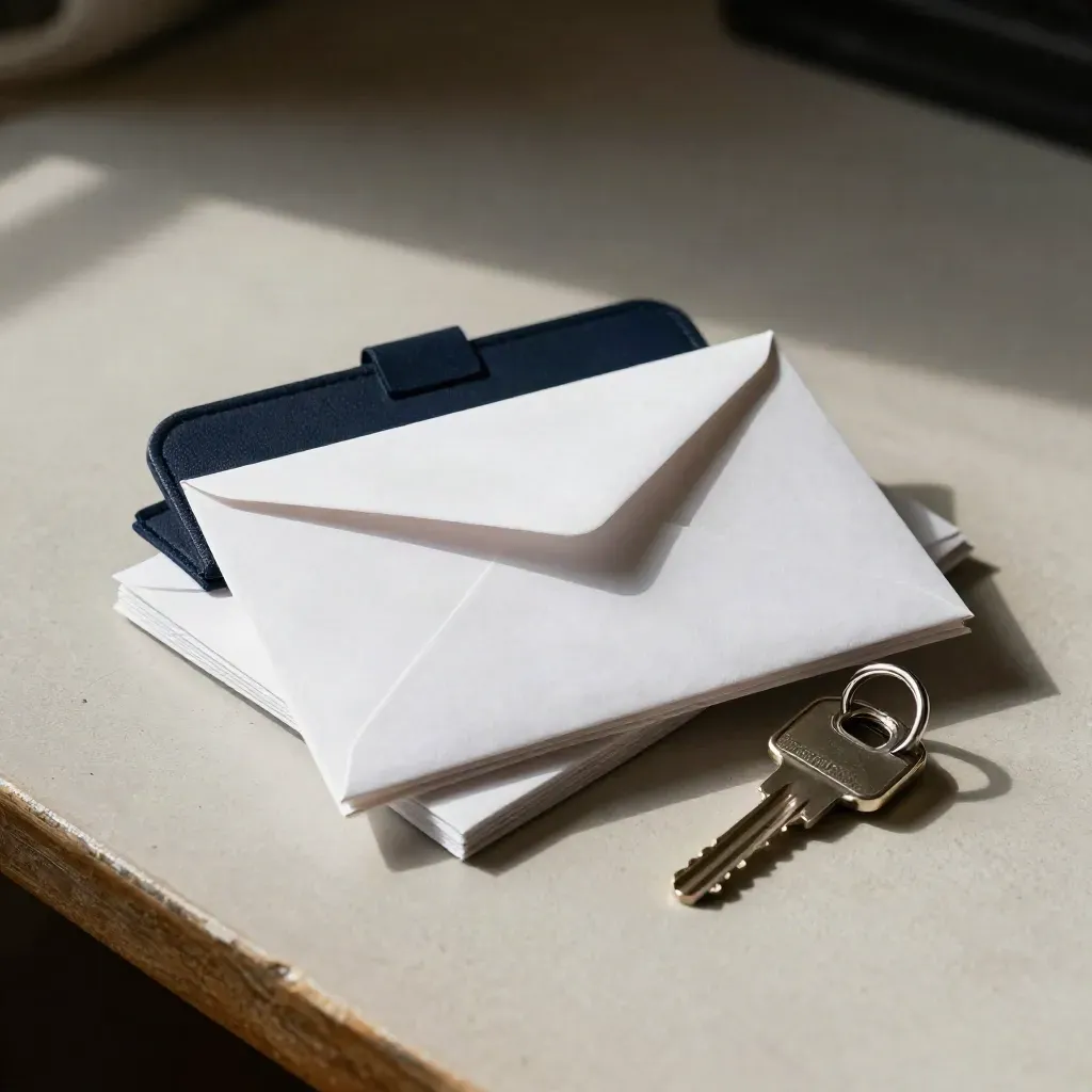 White closing-day help kit with envelope, blank card, key ring, and final key.