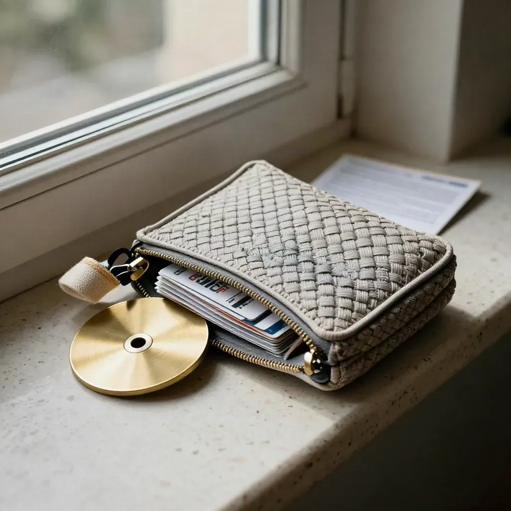 Relocation home-scan kit with travel pouch, divider cards and brass disc on travertine.