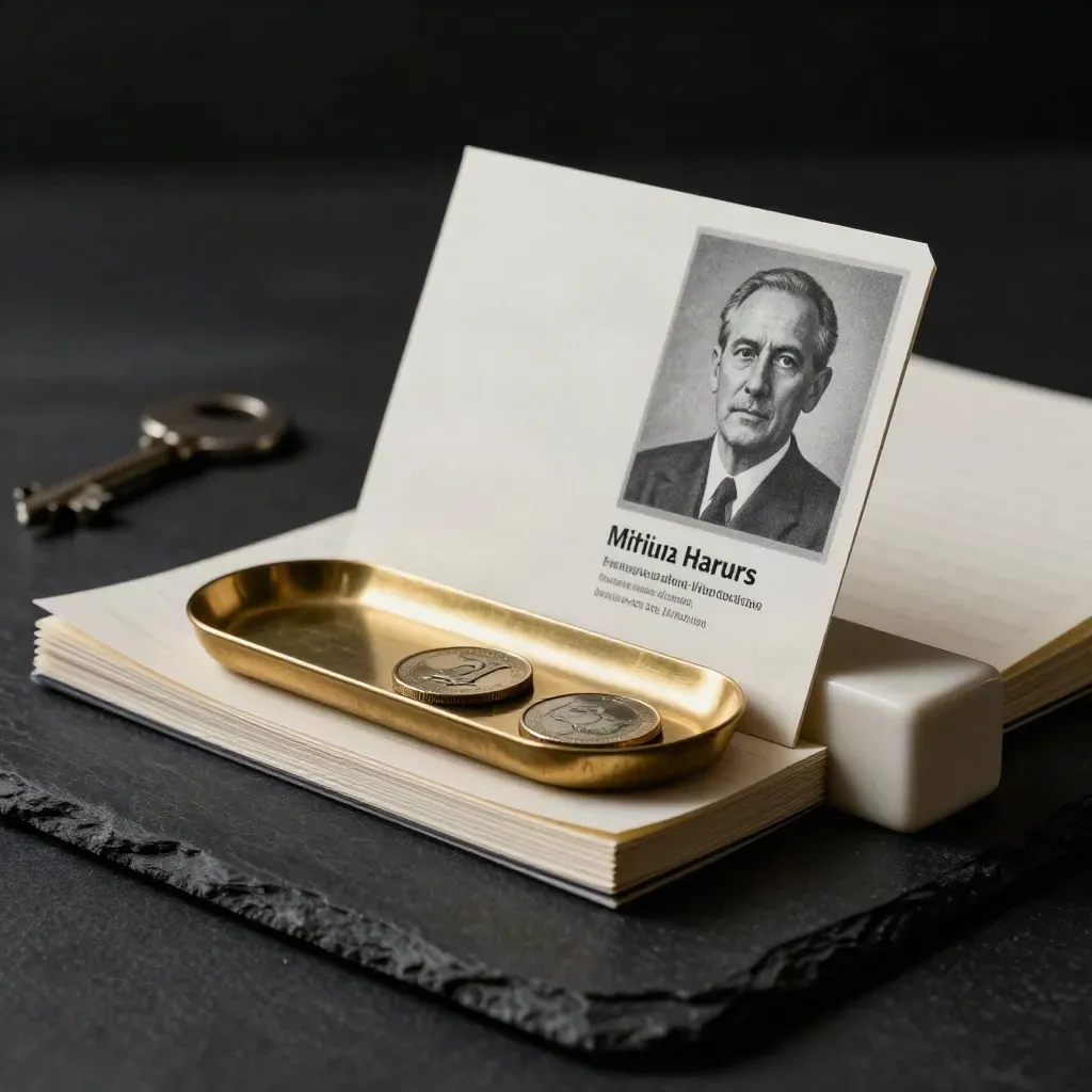 Graphite investor buy sheet stack with brass tray and ceramic block on a black studio plinth.