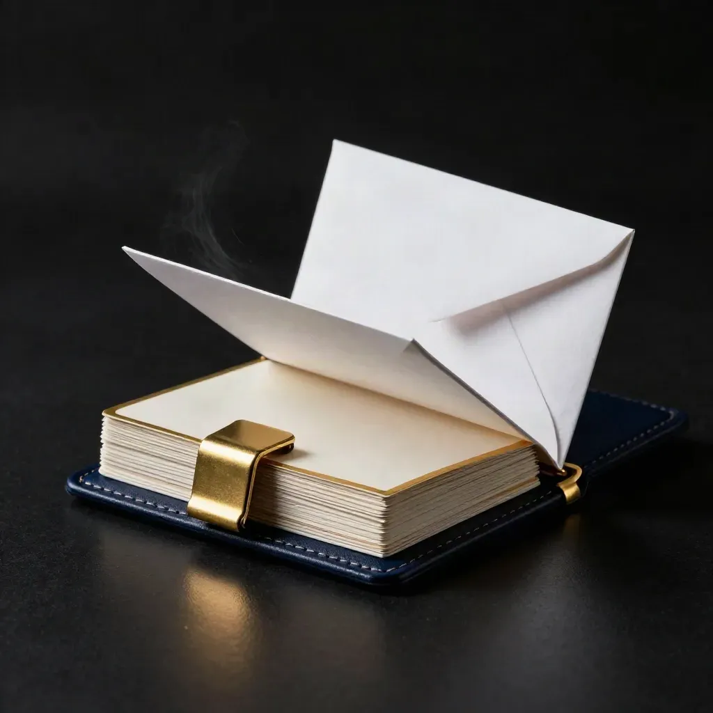 Navy offer review package with cards, brass clip, and envelope on a dark studio surface