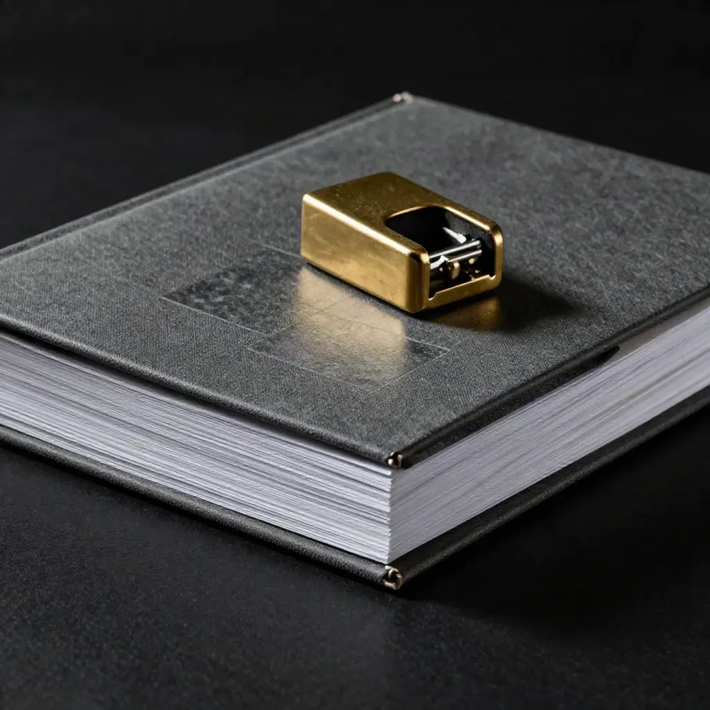 Graphite investor review folio with brass paperweight and dark stone tile on a black studio surface.