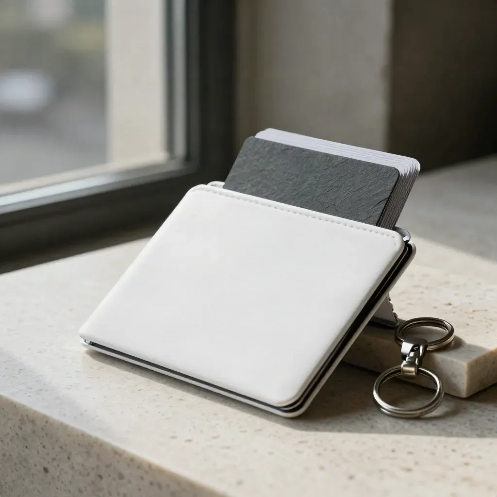Matte white city-search folio with slate dividers, key ring, and stone slab on travertine.