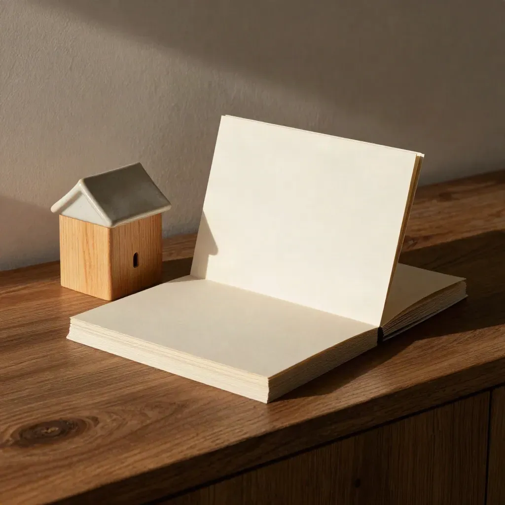 Suburban finder folio, wooden block, blank dividers and ceramic roofline model on walnut ledge.