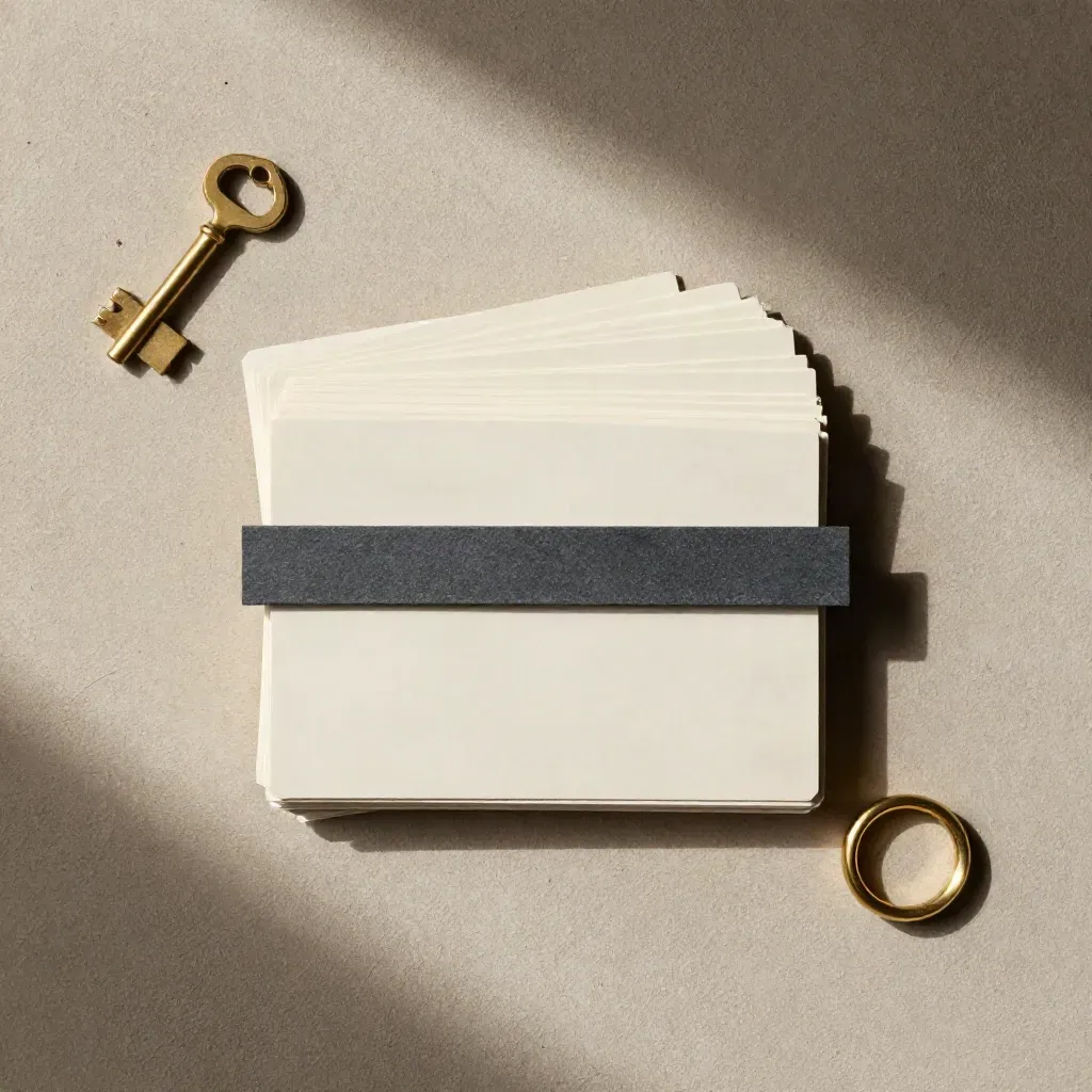 Cream buyer-match cards, slate divider and brass ring on raw plaster in a precise flatlay