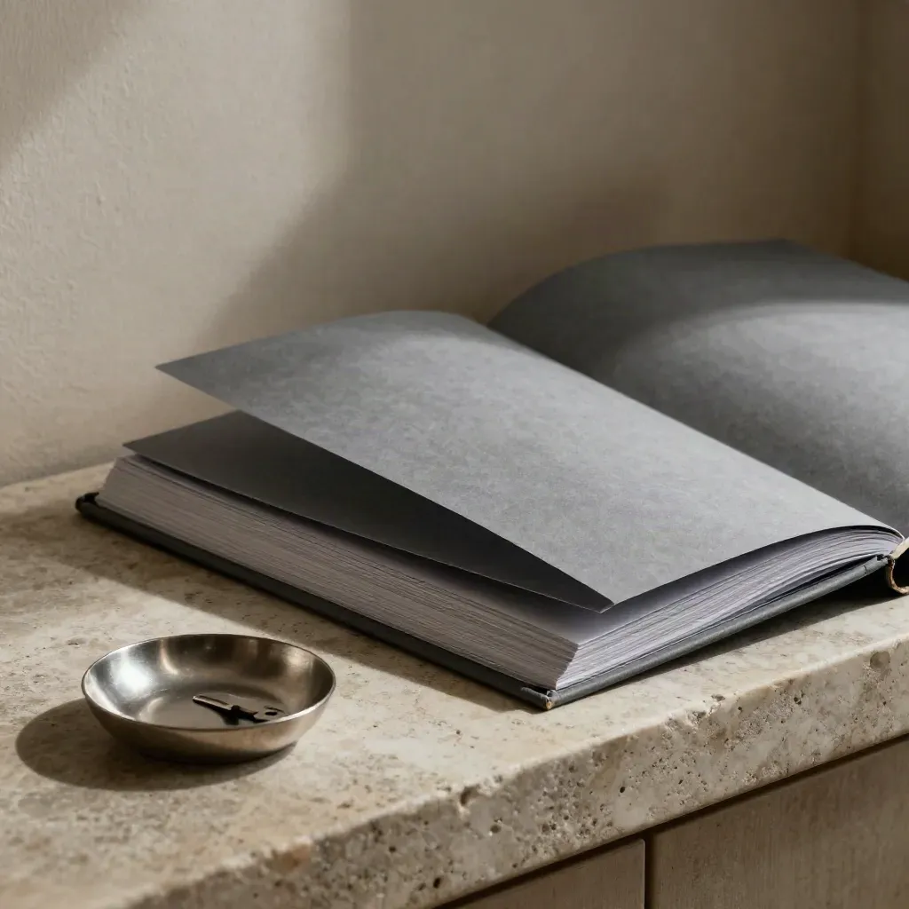 Open slate planning folio with stone paperweight and key dish on a limestone ledge