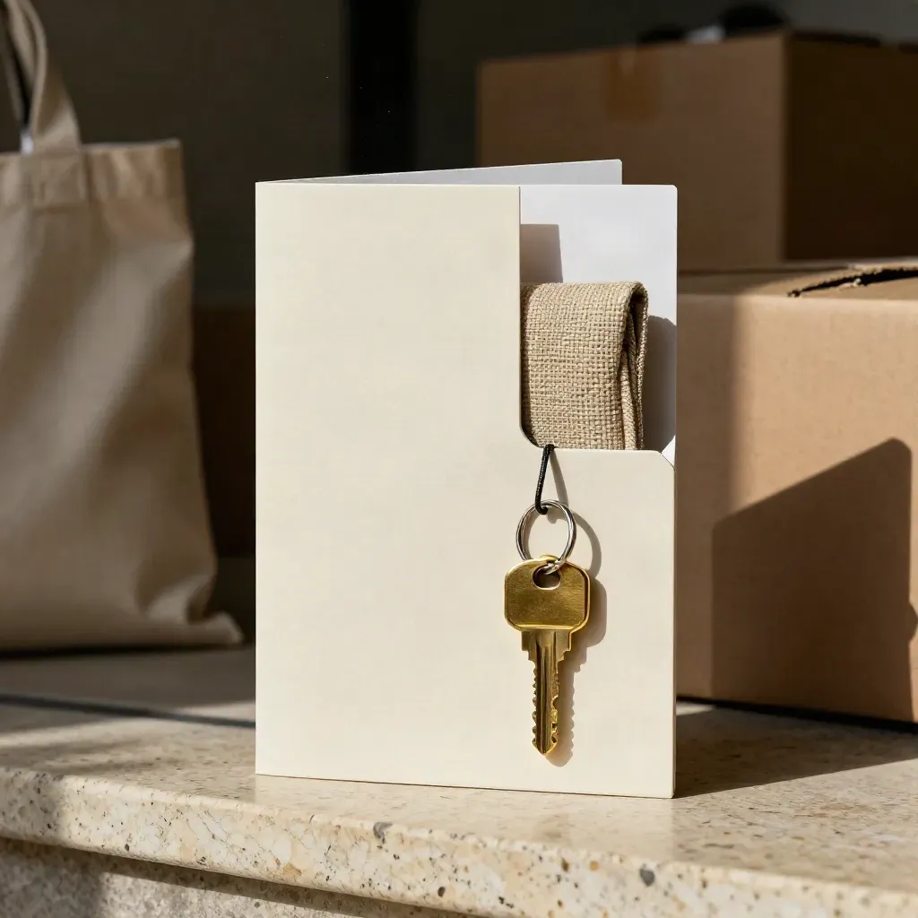 Relocation buyer pack with cream card, woven pouch and brass key token on travertine.