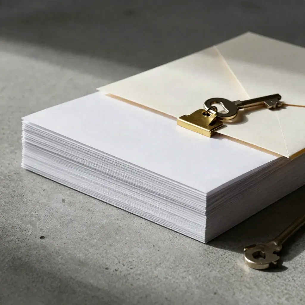 Macro of a closing-day checklist bundle clipped in brass on cool concrete with a small key beside it.