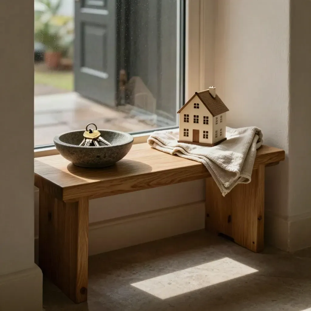 Sunlit entry niche with keys, house model and oak bench in a calm plaster interior.
