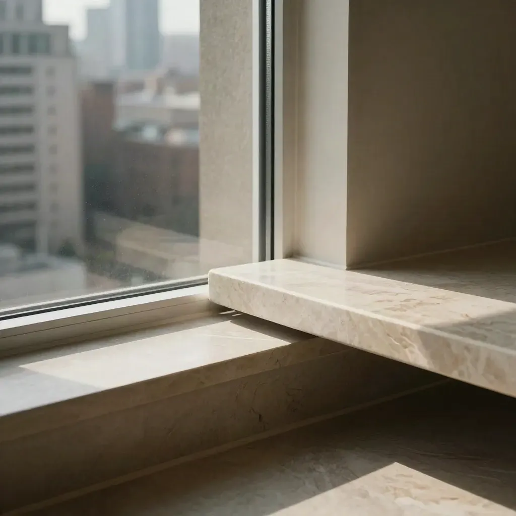 Sunlit condo window corner with pale stone sill, blurred skyline, and calm reflective floor.